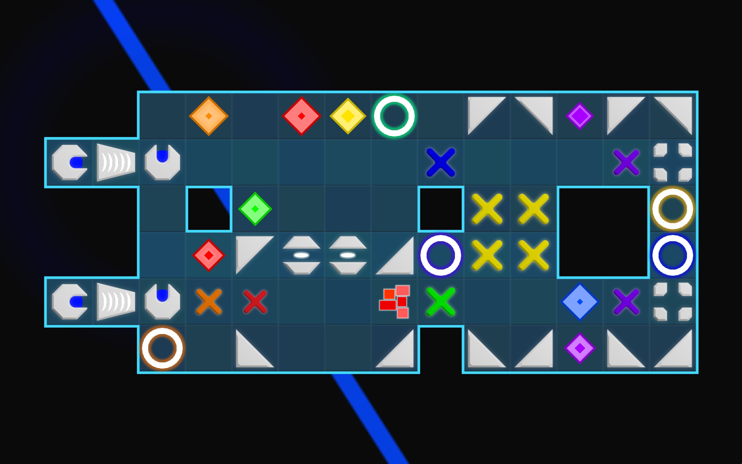 A Laser Lightshow puzzle with mirrors and colored targets
